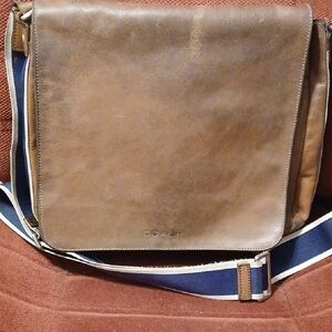 Coach Tan Leather Messenger Rehab Bag with Blue Strap